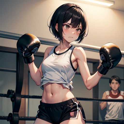 Cute slender high school girl, boxing gym, being punched in the stomach, pained expression, clenching her teeth to endure, just a few muscle sinews visible, short black hair, small breasts, tank top, short shorts