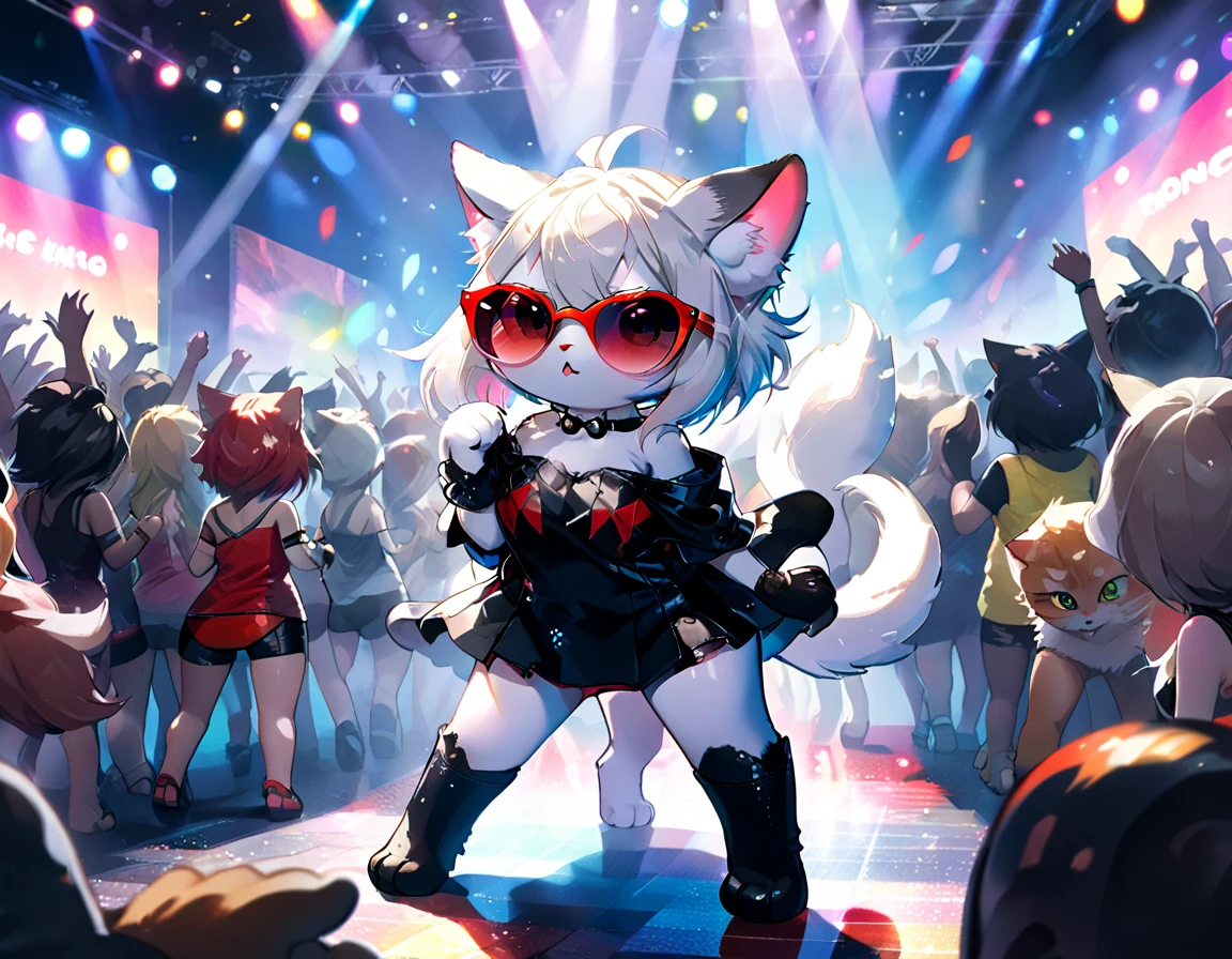 pelziger Anime, Chibi-Stil, Rückansicht, Super dynamische Ansicht, Fernversuch, Nebel, Lichtvorführung, Ultra-HD-Qualität, zwei süße anthropomorphe Kätzchen, Sonnenbrille, Off-Shoulder-Top, rote Latexshorts, Schwarzer Latex Minirock , sexier, Tanzen auf einer RAVE-Party inmitten der pelzigen Menge, Bühne mit DJ im Hintergrund, bunte Lichter, Nacht auf freiem Feld, viel Aufregung, super tanzen, Sicht des Publikums,