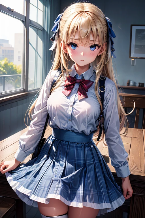 (8k, highest quality, Tabletop:1.2), Ultra-high resolution, 1 16-year-old female, Detailed face、deep, Beautiful Eyes, Checked skirt, Blonde,  Change of clothes, Panty shot