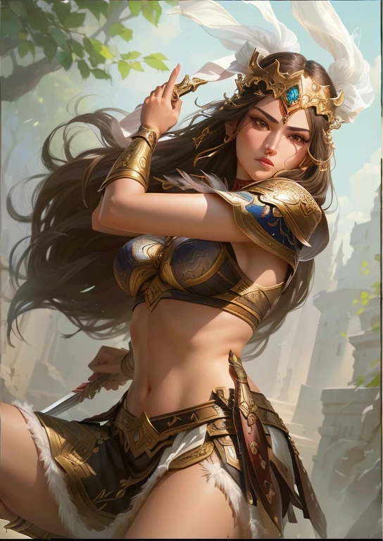 Wearing Clothing、Alafiid woman holding a sword and a sabre, Portrait of a Modern Darna, A Beautiful Female Warrior,  Female Warrior, beautiful Female Warrior, Artgerm and Nguyen Chia, Beautiful character painting, author：Yang Jie, kind details, artgerm julie bell beeple, epic Fantasy Character Art, Fantasy Character Art,big eyes