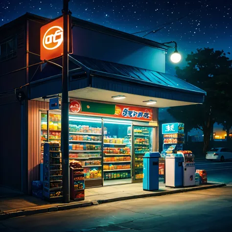 Roadside convenience store，midnoite，noite，street lamp