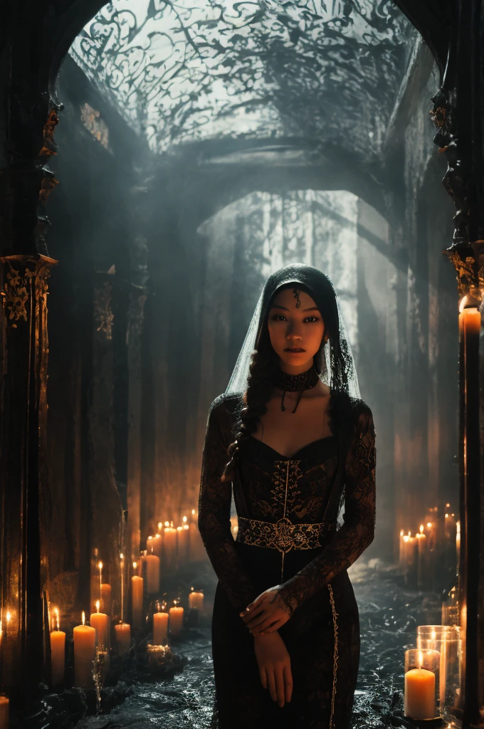 Capture a hauntingly beautiful portrait of the Malay woman in a gothic-inspired,white long hair, black lace gown with a veil, set within a mysterious and eerie mansion, where candlelight casts eerie shadows, creating an atmosphere of dark, Gothic horror.