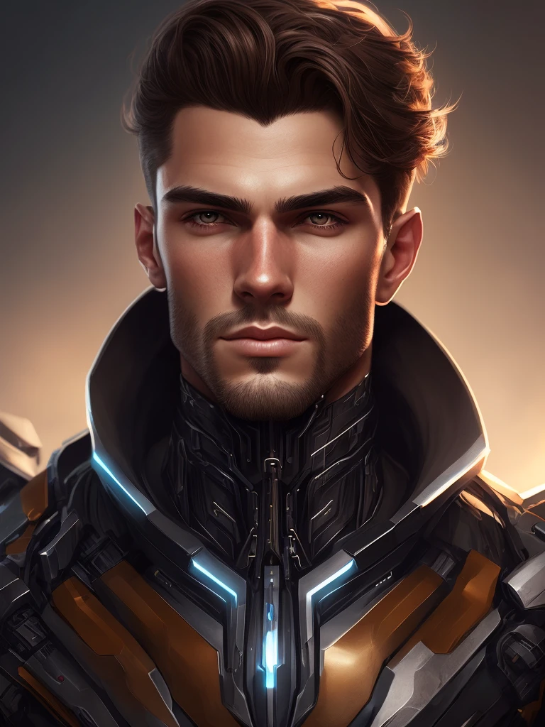 Portrait of a handsome cyborg with brown hair 8k, difficult, elegant, very detailed, majestic, digital photography, Artgerm&#39;s art, Ruan Jia and Greg Rutkowski, surreal painting, Golden butterfly filigree, Broken glass, (masterpiece, side light, Gentle beautiful eyes: 1.2), Human Development Report