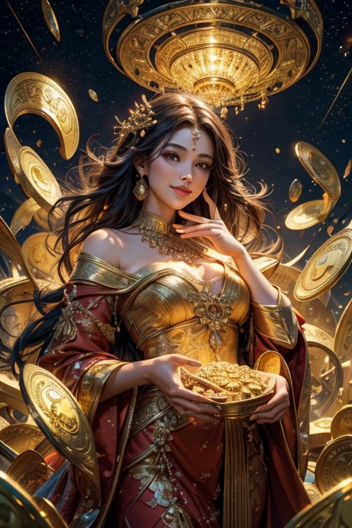 (highest quality,4K,8k,High resolution,masterpiece:1.2),Very detailed,High resolution,超High resolution,Studio Lighting,Physically Based Rendering,Bright colors,Bokeh,Rich landscape,God of Wealth,Abundant gold coins,Glowing Treasure Chest,A compassionate smile,dreams come true,Magical Land,Festive atmosphere,lucky red envelope,infinite wealth,overflowing richness,thriving business,Fulfilled Desires,Positive Energy,Fun celebration,Blooming Flowers,Prosperity and good fortune,harmony and prosperity,Luxury Lifestyle,Shining Jewels,Extravagant Prosperity,wealth pouring down,Banking and Investment Growth,the power and blessings of the universe