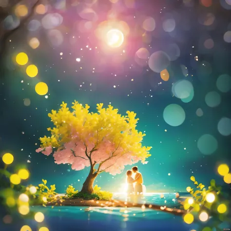 Romantic Aegean Sea, (French Riviera: 1.3), night, backlight, (1 couple sitting on a tree branch, French Riviera: 1.4), with a big full moon behind, Alexandria, repetition, fresh colors, pastel colors, diode lights, conceptual art style, extremely intricat...