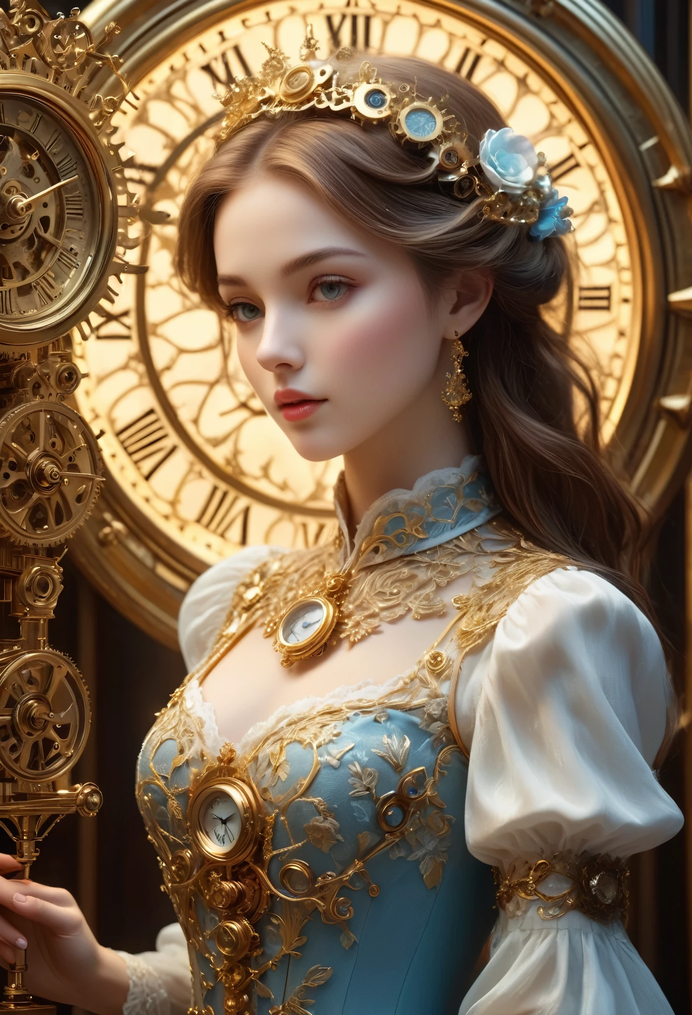 (best quality,4k,8k,highres,masterpiece:1.2),ultra-detailed,(realistic,photorealistic,photo-realistic:1.37),intricate mechanism of a mechanical clock, dreamlike atmosphere, world's most beautiful girl, fine illustrations, antique gold and brass material, enchanting lighting, delicate gears, intricate clock hands, exquisite clockwork details, mesmerizing mechanical movements, magical aura, ethereal beauty, magical ambiance, delicate porcelain skin, captivating expression, elegant attire, graceful posture, intricate lace patterns, soft pastel colors, enchanting background scenery, whimsical storytelling, mysterious and enchanting storyline, suspenseful plot, magical charm, vivid and dynamic brushstrokes