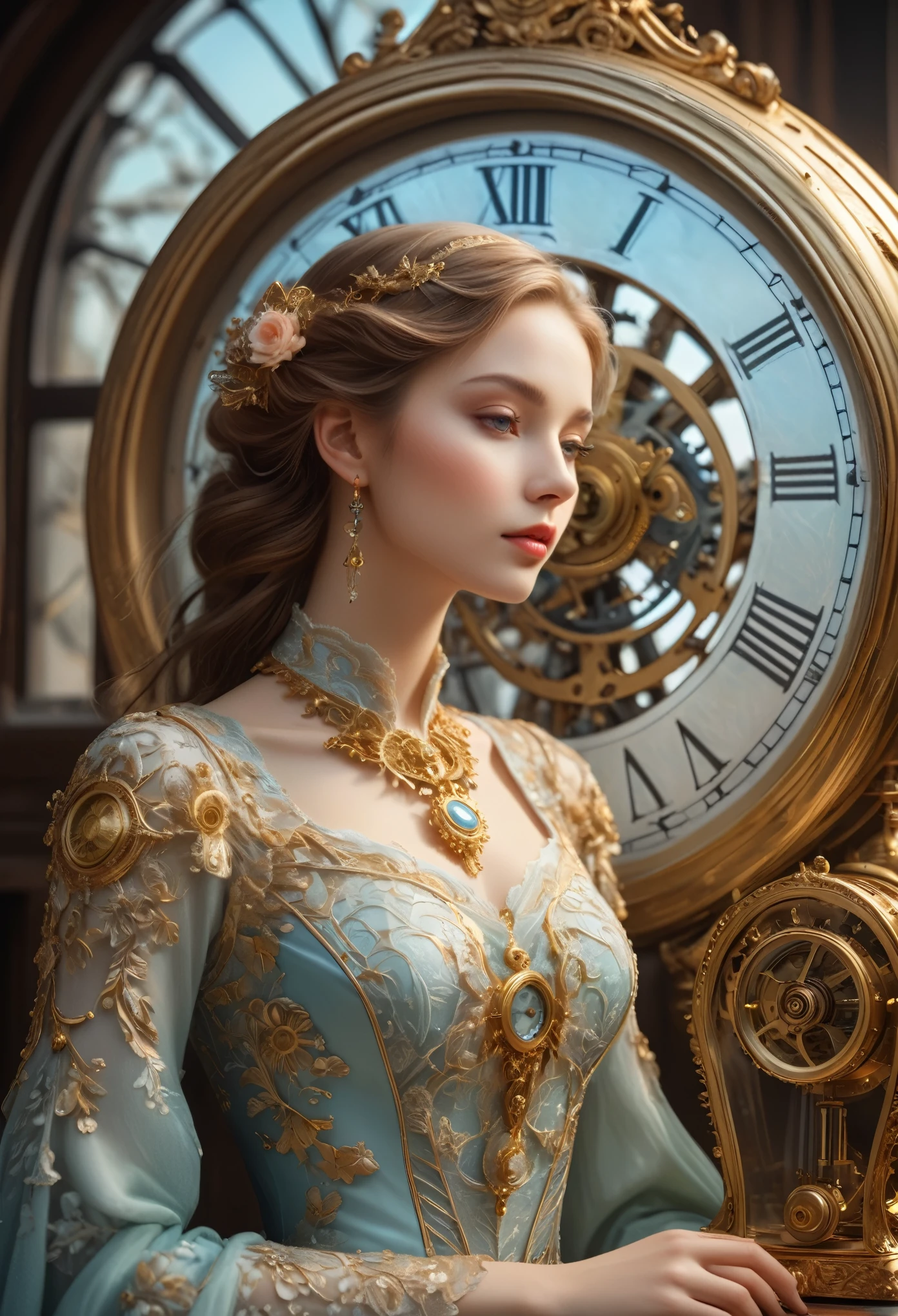 (best quality,4k,8k,highres,masterpiece:1.2),ultra-detailed,(realistic,photorealistic,photo-realistic:1.37),intricate mechanism of a mechanical clock, dreamlike atmosphere, world's most beautiful girl, fine illustrations, antique gold and brass material, enchanting lighting, delicate gears, intricate clock hands, exquisite clockwork details, mesmerizing mechanical movements, magical aura, ethereal beauty, magical ambiance, delicate porcelain skin, captivating expression, elegant attire, graceful posture, intricate lace patterns, soft pastel colors, enchanting background scenery, whimsical storytelling, mysterious and enchanting storyline, suspenseful plot, magical charm, vivid and dynamic brushstrokes