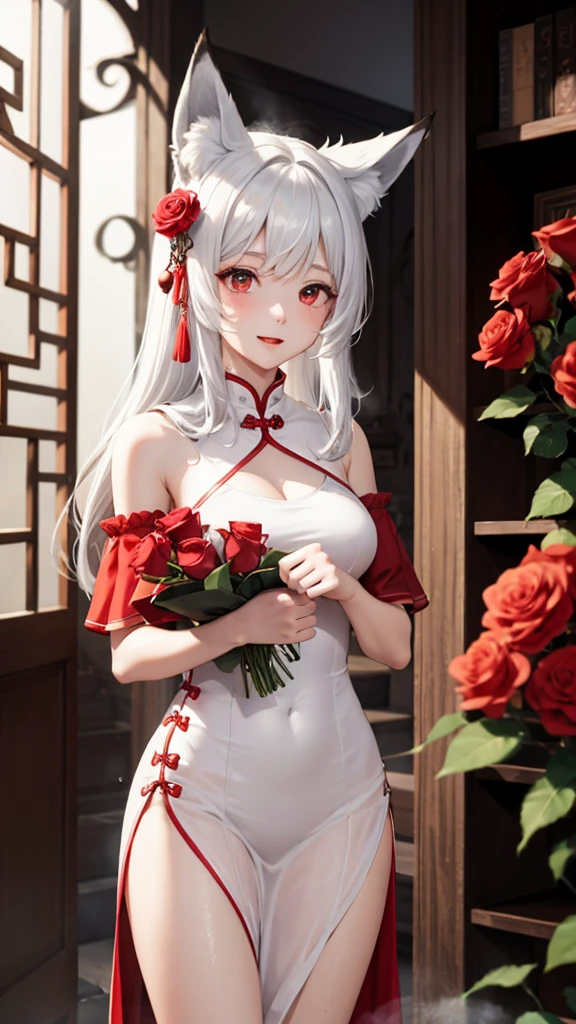 White hair、red eyes、Beautiful girl alone、Fluffy dresses、off shoulders、Western-style castle、Bright red roses、((fox ears)),steam,wet clothes ,china dress 