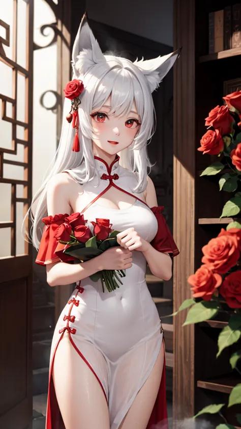 white hair、red eyes、beautiful girl alone、fluffy dresses、off shoulders、western-style castle、bright red roses、((fox ears)),steam,w...