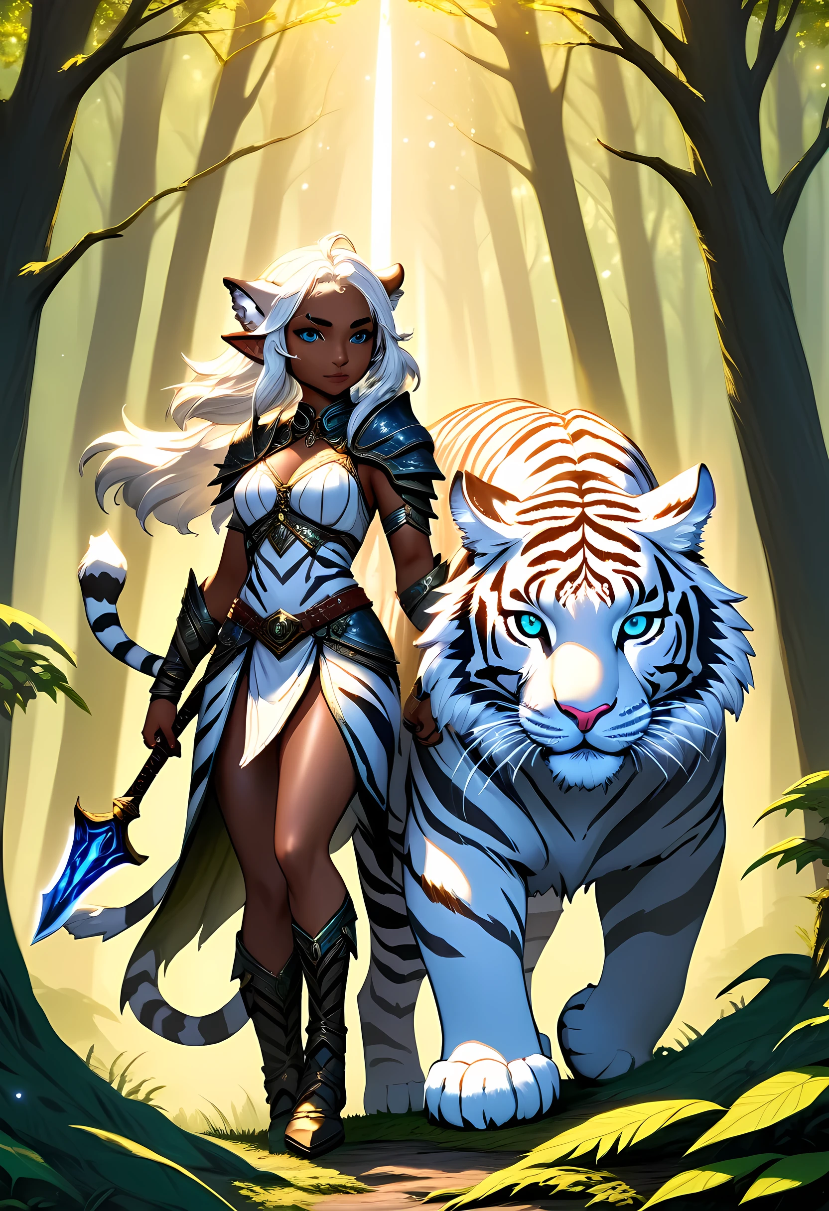 high details, best quality, 16k, [Ultra detailed], masterpiece, best quality, (extremely detailed), dynamic angle, ultra wide shot, RAW, photorealistic, fantasy art, RPG art, realistic art, a wide angle picture of an epic female drow elf ranger and her pet (white tiger: 1.3),  warrior of nature, fighter of nature, full body, [[anatomically correct]] full body (intricate details, Masterpiece, best quality: 1.5) talking to am epic (white tiger: 1.3) (intricate details, Masterpiece, best quality: 1.6) armed with an epic magical sword  (intricate details, Masterpiece, best quality: 1.5) epic magical sword fantasysword sword, glowing in blue light , in dark forest ( intricate details, Masterpiece, best quality: 1.4), a female beautiful epic drow wearing leather armor (intricate details, Masterpiece, best quality: 1.5), leather boots, thick hair, long hair, white hair, black skin intense eyes, forest  background (intense details), moon light, stars light, clouds (intricate details, Masterpiece, best quality: 1.5), dynamic angle, (intricate details, Masterpiece, best quality: 1.3), high details, best quality, highres, ultra wide angle, dungeons and dragons