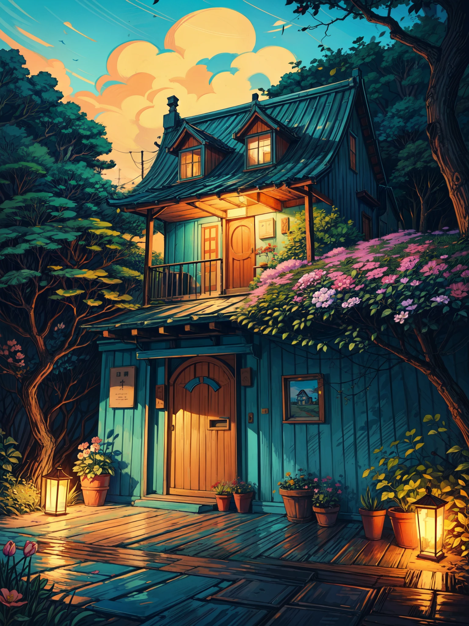 wide view,blue wooden house, beach, covered with flowers, beautiful, flowers in pots, stairs, decorations, flowers and trees in foreground, vibrant tones, evening time, thick lines, cozy tones, beautiful sky, big yellow door, ghibli style, outdoors, cozy atmosphere, micro landscape, intrinsic details