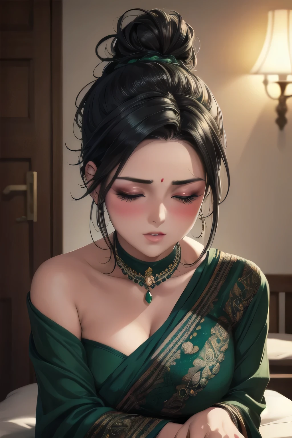 Amazing portrait of a sexy woman with a beautiful face and her black hair tied in a messy bun wearing amazing makeup and blushing intensely while she's flustered and lustful and her perfect lips are  parted wearing black blouse and sheer dark green saree being absolutely hot