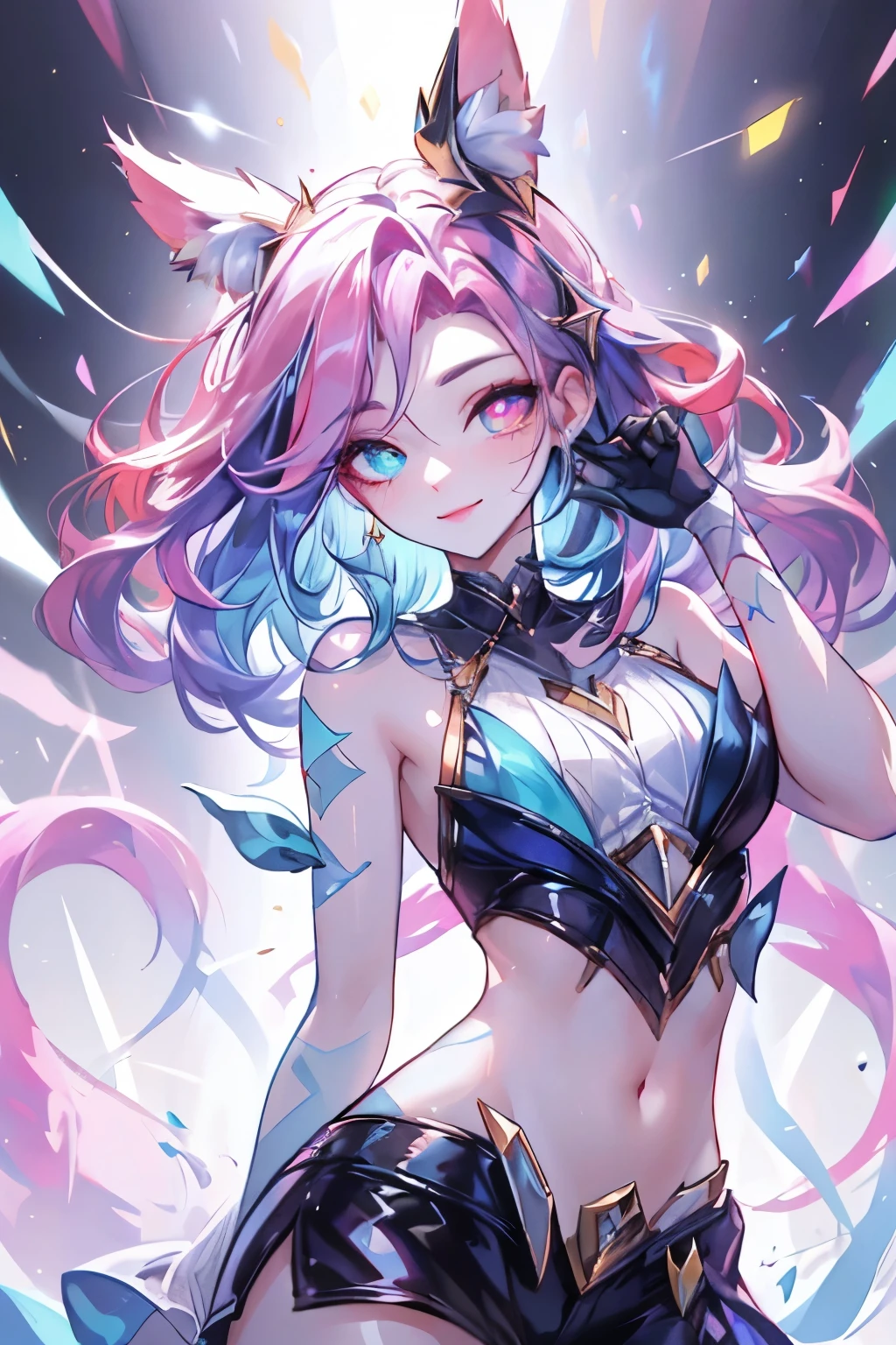 ((Best Quality)), ((Masterpiece)), (detailed), whole body, Facing the viewer, Perfect face, PURPLE HAIR, star guardian, cyan short hair, heterochromia, purple and cyan eyes, sparkly purple eyes, long eyelashes, cyan blue fur, cyan blue cat ears, Sweet smile, magic girl. purple and cyan hair, longeyelashes, solid circle eyes, fake cat ears, light smile, ear blush, gradient hair, heterochromia, gradient_eyes, pupils sparkling, 8k, super detail, best quality, masterpiece, anatomically correct, high details, highres