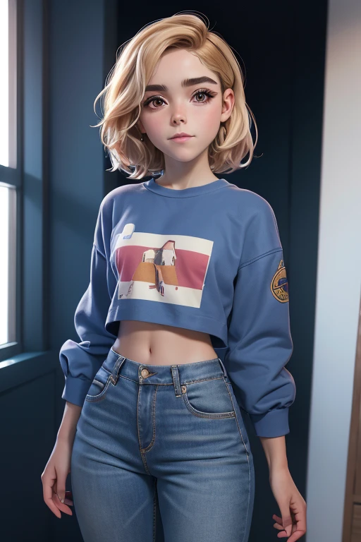 "16 years old" chica ("Kiernan Shipka") con sudadera roja y pantalones cortos de jean, Cabello rubio corto estilo pixie, cejas gruesas, Mejillas sonrojadas, cuerpo completo, estilo 3d de baja poli, baja poli, estilo de juego ps1, enfocar mejor, HD, detalles altos, mejor calidad, high resolution, 8k