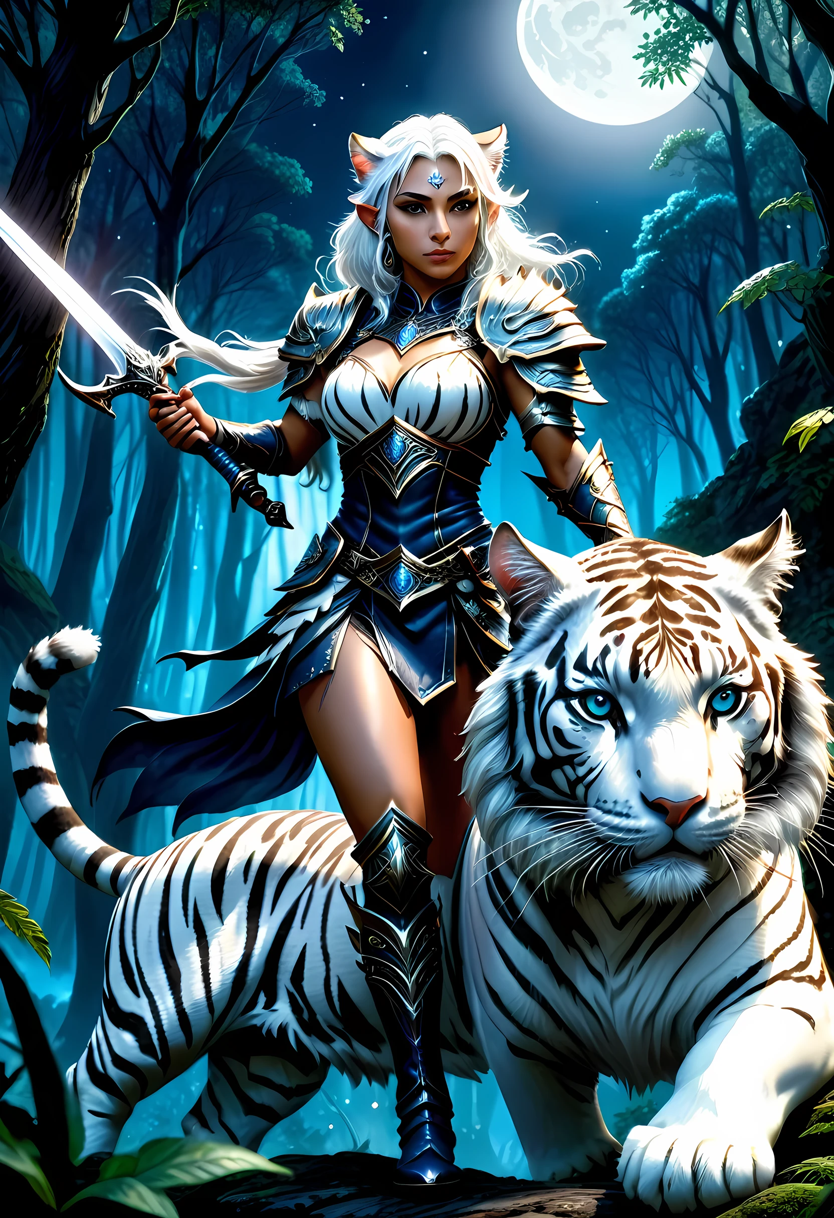 high details, best quality, 16k, [Ultra detailed], masterpiece, best quality, (extremely detailed), dynamic angle, ultra wide shot, RAW, photorealistic, fantasy art, RPG art, realistic art, a wide angle picture of an epic female drow elf ranger and her pet (white tiger: 1.3),  warrior of nature, fighter of nature, full body, [[anatomically correct]] full body (intricate details, Masterpiece, best quality: 1.5) talking to am epic (white tiger: 1.3) (intricate details, Masterpiece, best quality: 1.6) armed with an epic magical sword  (intricate details, Masterpiece, best quality: 1.5) epic magical sword fantasysword sword, glowing in blue light , in dark forest ( intricate details, Masterpiece, best quality: 1.4), a female beautiful epic drow wearing leather armor (intricate details, Masterpiece, best quality: 1.5), leather boots, thick hair, long hair, white hair, black skin intense eyes, forest  background (intense details), moon light, stars light, clouds (intricate details, Masterpiece, best quality: 1.5), dynamic angle, (intricate details, Masterpiece, best quality: 1.3), high details, best quality, highres, ultra wide angle, dungeons and dragons