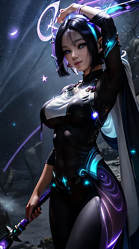 ((upper body)), best quality, masterpiece, a japanese elf lady with ((luminescence purple-black hair)), ((detailed dim glow viol...