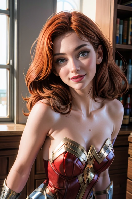 une femme de 25 ans, rousse, sexy, romantic smile, a lot of details, wonderwoman