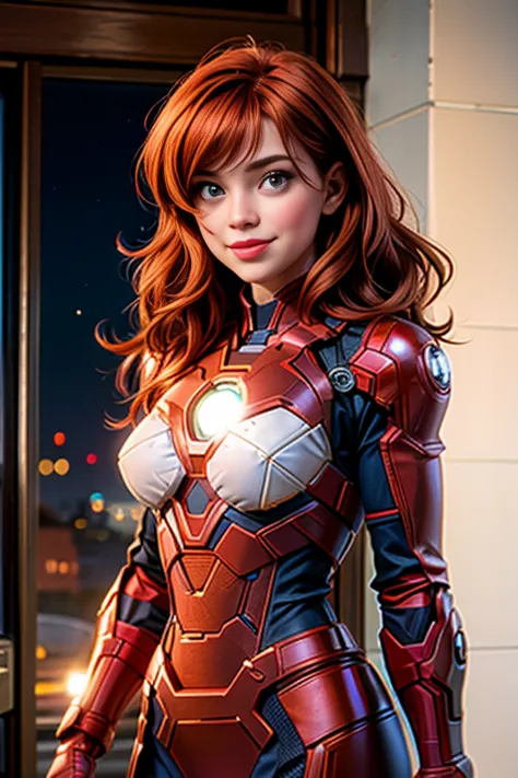 une femme de 25 ans, rousse, sexy, romantic smile, a lot of details, ironman cosplay, sexy