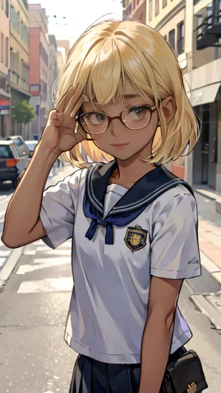 (Ultra flat, Flat Shading)，Honors Type，Really blushing，，13 years old，Chibi，Blunt bangs，Thick eyebrowiddle School girls，Blonde ha...