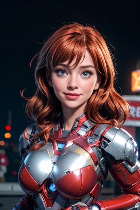 une femme de 25 ans, rousse, sexy, romantic smile, a lot of details, ironman cosplay, sexy, lingerie robotique