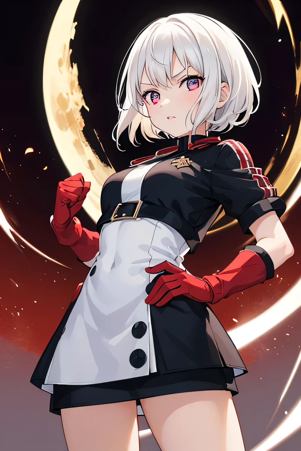 Young girl with cream body color, short white hair and a serious expression on her lips with her fists down but closed with red fighter gloves with some black edges at night with the moon in the background