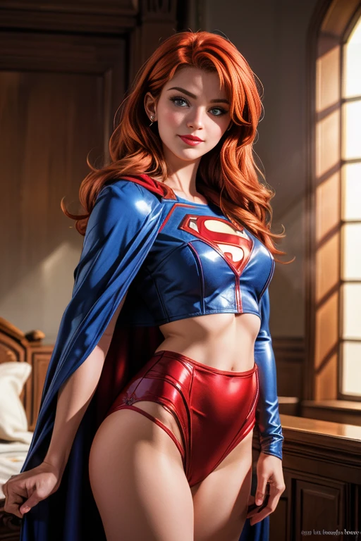 25-летняя женщина, рыжая, сексуальный, романтическая улыбка, HD, 88К, шедевр, много деталей, Косплей Супермена, сексуальный, Дамское белье, мыс