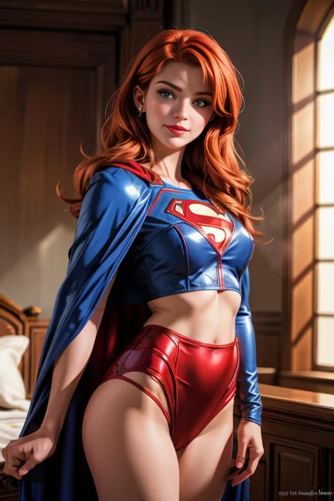 une femme de 25 ans, rousse, sexy, romantic smile, HD, 88k, masterpiece, a lot of details, superman cosplay, sexy, lingerie, cap...