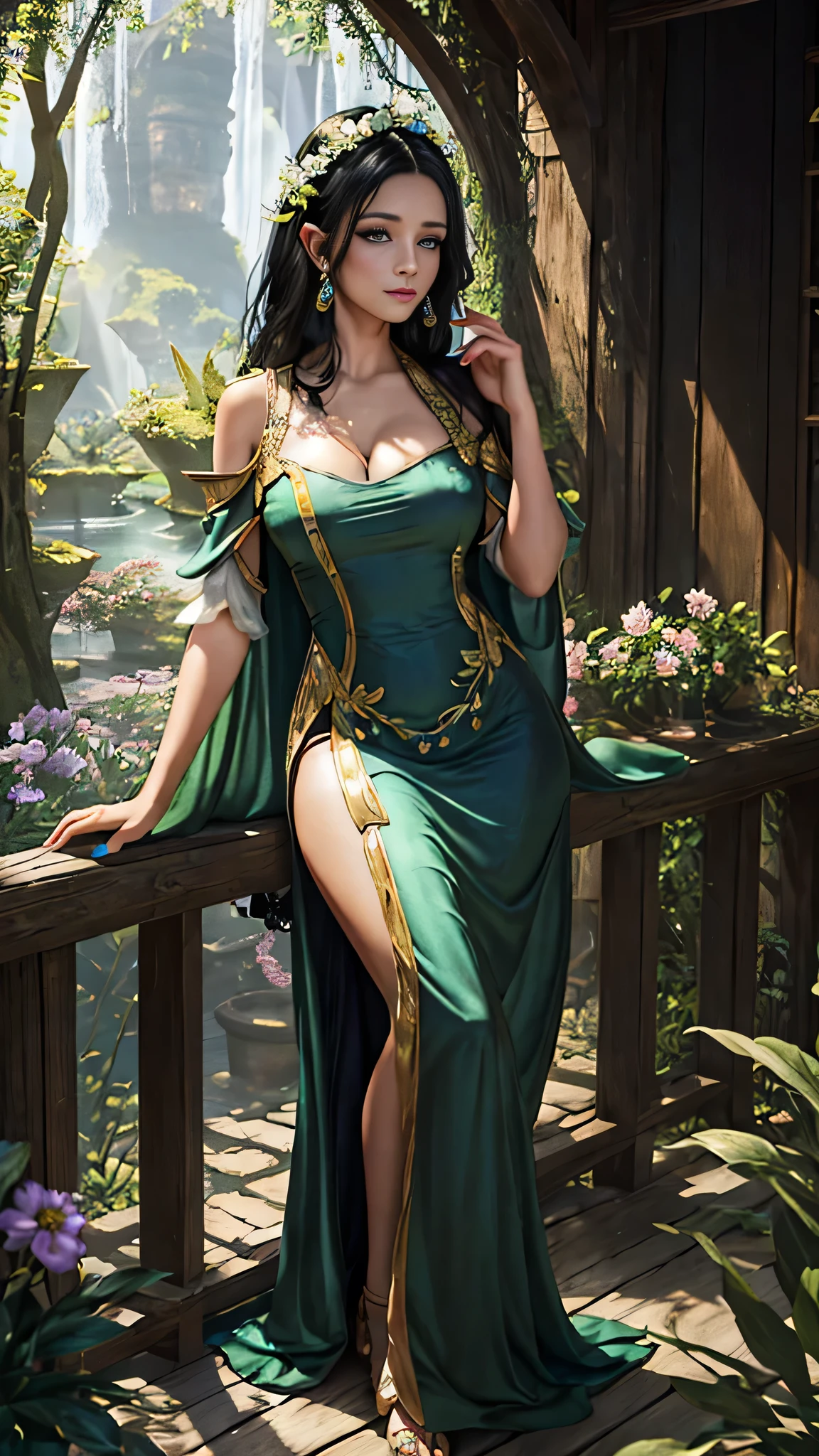 (best quality,4k,8k,highres,masterpiece:1.2),ultra-detailed,(realistic,photorealistic,photo-realistic:1.37),beautiful detailed eyes,beautiful detailed lips,extremely detailed eyes and face,long eyelashes,1girl,elf, silky black hair, magical violet eyes,garden,soft sunlight,ethereal atmosphere,fairy-like,delicate features,dew-kissed skin,flowing dress,graceful posture,enchanted setting,meticulously crafted,glowing aura,serene expression,lush green foliage,colorful flowers,whispering breeze,birds chirping,magical realism,harmonious color palette,dreamy vibe,luminous highlights,subtle shadows,inviting tranquility,peaceful retreat,cozy cottage,nature-inspired elements,pastel tones,hint of magic, black hair, black hair, milf, pointed ears