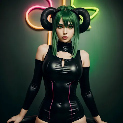 pretty green haired demon girl, horns, black and neon green colored bodysuit with tight fit, anime style, digital art in the sty...