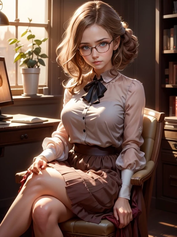 (Realistic、High resolution:1.3),alone, One Girl, masterpiece, highest quality, Very detailed, Cinema Lighting, Intricate details, High resolution, Official Art, Beautifully detailed face and eyes, High resolutionのイラスト, 8k, (Short bun hairstyle), Ash Brown Hair:1.3, Very thin body, ((Chiffon long skirt、Chiffon blouse:1.3)) 、Single Blade, blue eyes, Glasses, Crossing your legs, Sit on a chair, patterned high heels, Big Breasts, Book_stack, library, ((vine)), Looking at the audience,whole body,Elegant Heels,