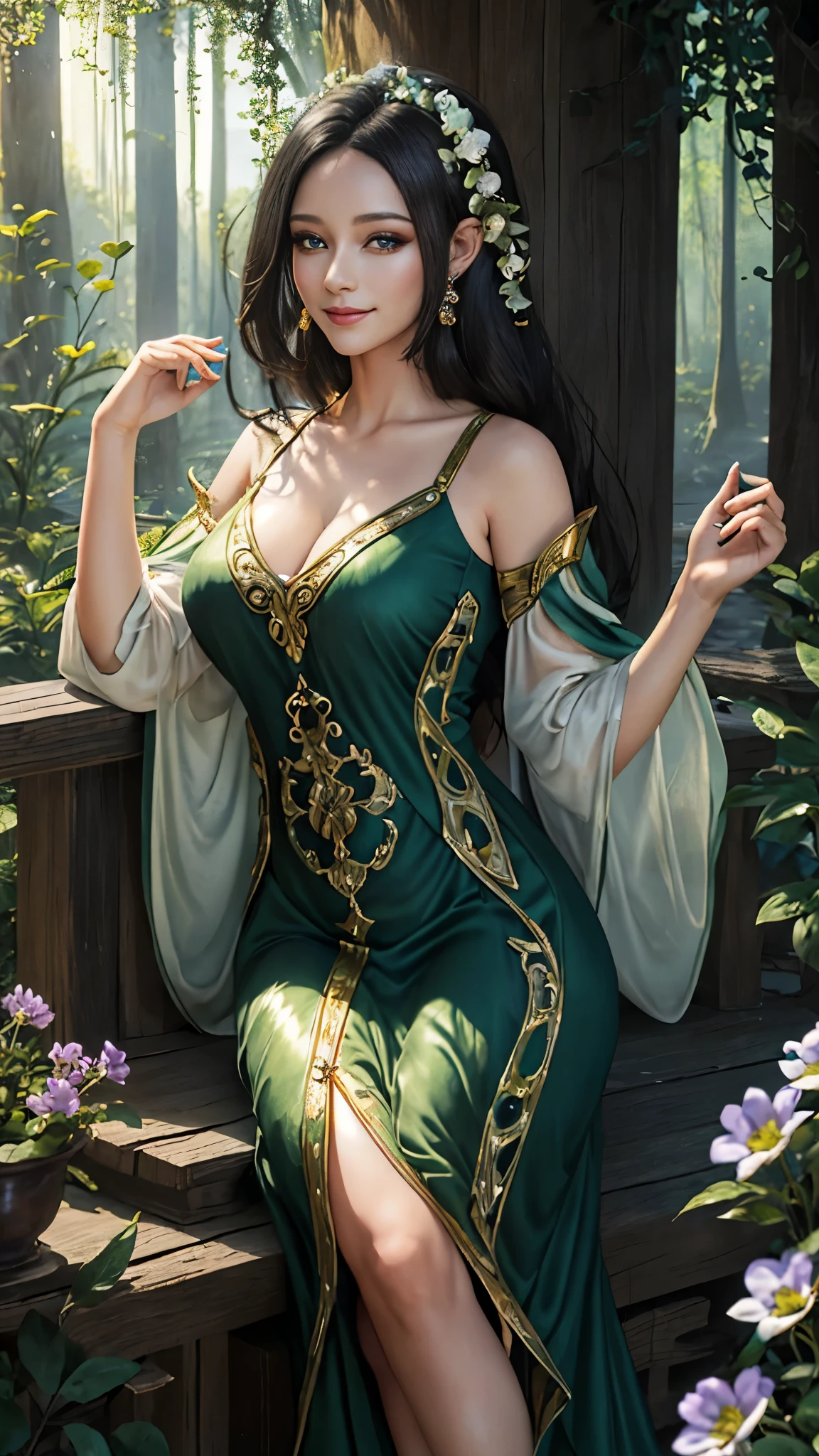 (best quality,4k,8k,highres,masterpiece:1.2),ultra-detailed,(realistic,photorealistic,photo-realistic:1.37),beautiful detailed eyes,beautiful detailed lips,extremely detailed eyes and face,long eyelashes,1girl,elf, silky black hair, magical violet eyes,garden,soft sunlight,ethereal atmosphere,fairy-like,delicate features,dew-kissed skin,flowing dress,graceful posture,enchanted setting,meticulously crafted,glowing aura,serene expression,lush green foliage,colorful flowers,whispering breeze,birds chirping,magical realism,harmonious color palette,dreamy vibe,luminous highlights,subtle shadows,inviting tranquility,peaceful retreat,cozy cottage,nature-inspired elements,pastel tones,hint of magic, black hair, black hair, milf, pointed ears, seducting smile