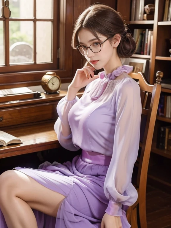 (Realistic、High resolution:1.3),alone, One Girl, masterpiece, highest quality, Very detailed, Cinema Lighting, Intricate details, High resolution, Official Art, Beautifully detailed face and eyes, High resolutionのイラスト, 8k, (Short bun hairstyle), Light purple hair:1.3, Very thin body, ((Chiffon long skirt、Chiffon blouse:1.3)) 、Single Blade, blue eyes, Glasses, Crossing your legs, Sit on a chair, patterned high heels, Big Breasts, Book_stack, library, ((vine)), Looking at the audience,whole body,Elegant Heels,
