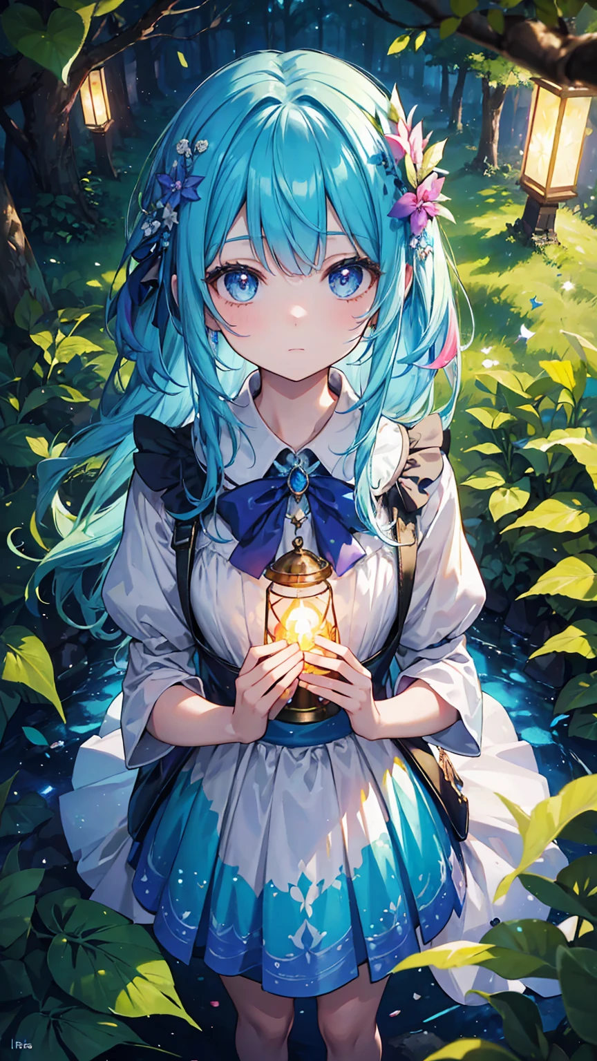 (masterpiece, best quality), (colorful:1.4), from above, solo, 1girl standing in a glimmering forest where trees whisper secrets of forgotten realms, with a bag of fairy dust and a lantern that reveals hidden paths, depth of field, fisheye lens
