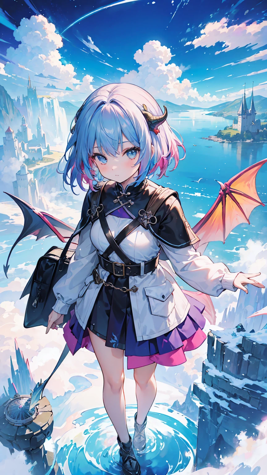 (masterpiece, best quality), (colorful:1.4), from above, solo, 1girl standing on a cliff overlooking a sea of clouds, where dragons soar and ancient castles float among the mist, with a bag of dragon scales and a map to hidden realms, depth of field, fisheye lens
