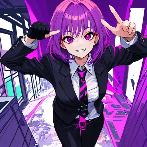Girl,Cool, Magenta hair,Cool eye, cool smile, Black suit , necktie, black glove , perspective poses, office background 