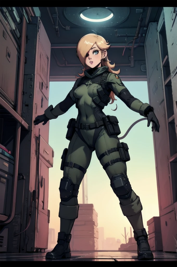 rosalina reimagined as a female solide snake frome metal gear solid, full body, action pose, on infiltration scene, tactical gear, military base background, radio tower background, science fiction background, futuristque background ,