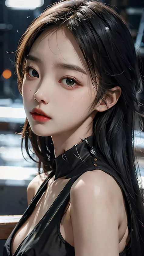 A  13 years old girl with pale skin and long, straight black hair. large and dark eyes , with an intense and enigmatic expressio...