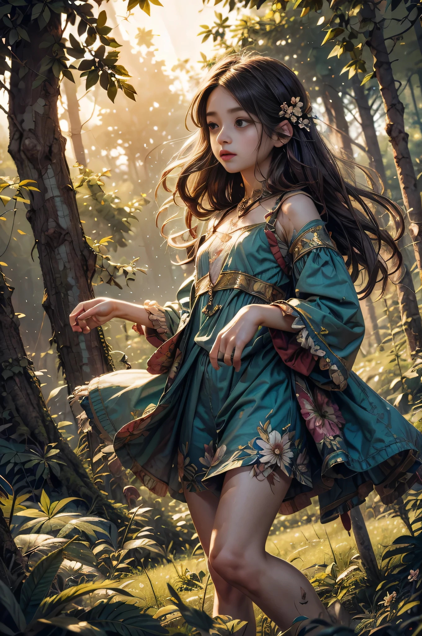 exquisite details, surreal atmosphere, ethereal beauty, vibrant colors, soft lighting, fantasy theme, mystical presence, delicate foliage, beautiful woman with flowing hair, intricate patterns, dreamlike quality, captivating look, flat illustration