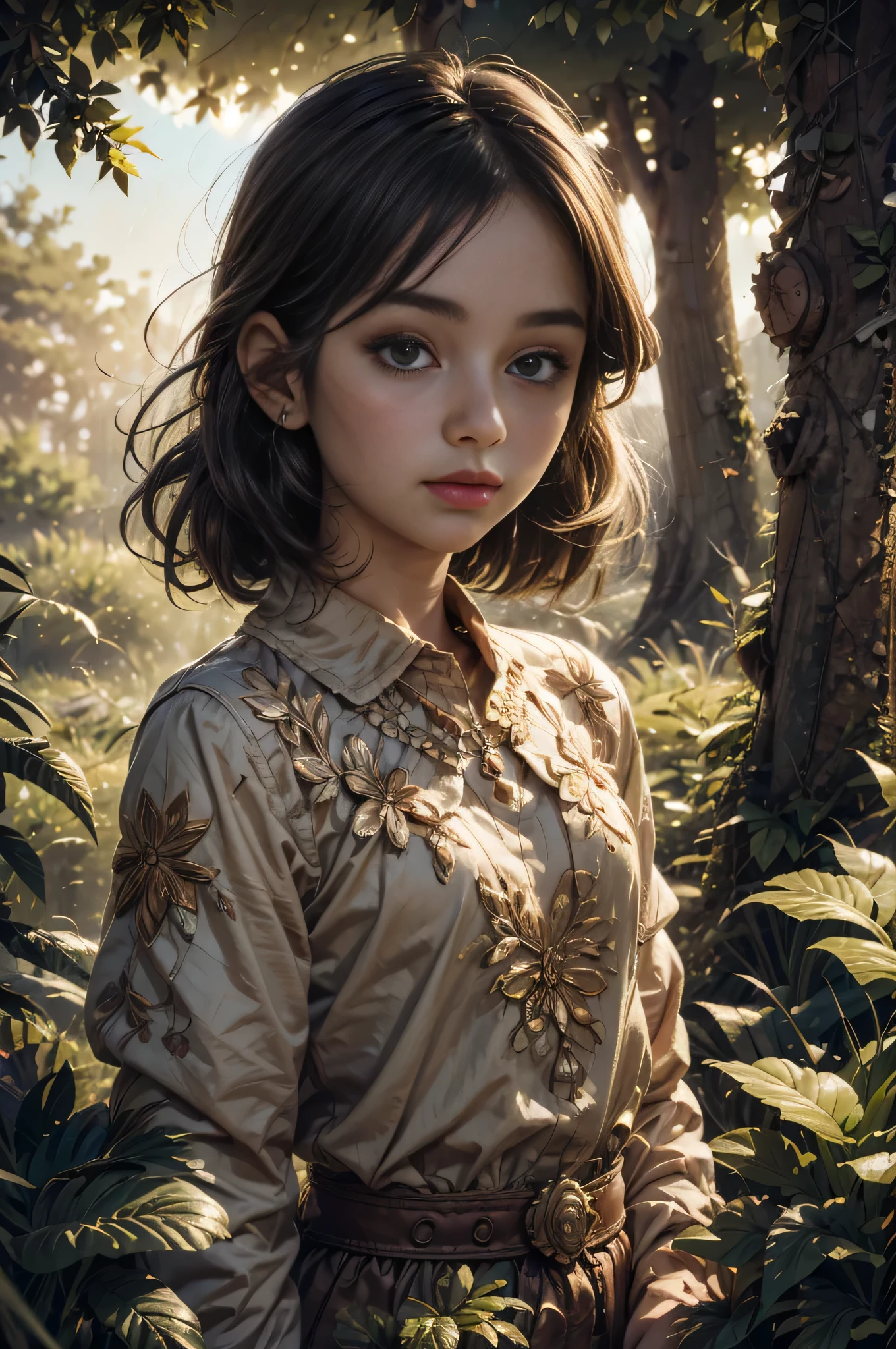 exquisite details, surreal atmosphere, ethereal beauty, vibrant colors, soft lighting, fantasy theme, mystical presence, delicate foliage, flowing hair, intricate patterns, dreamlike quality, captivating gaze, flat illustration