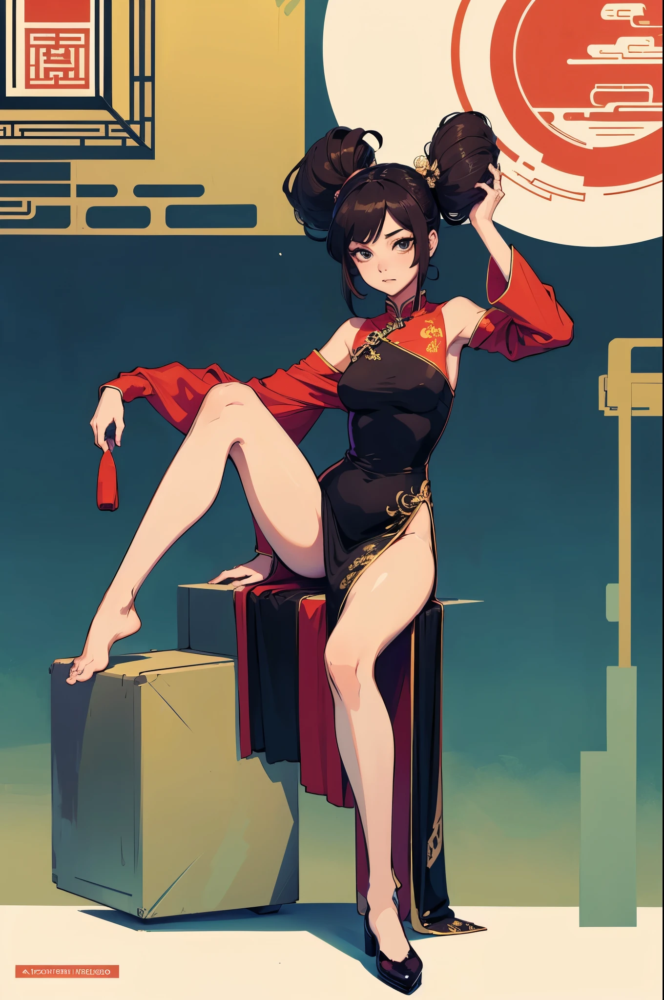 a sexy woman, (best quality), (masterpiece), (1girl), slim, anime, (flat chested), (chinese dress), (sitting and legs up), (protrait), (full body view)
