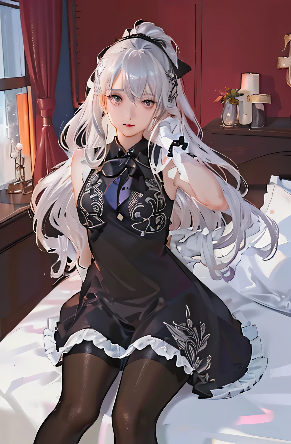 (((1 girl)),Ray Tracing,(Dim lighting),[Detailed Background (Bedroom)),((Silver Hair)),((Silver Hair)),(Fluffy Silver Hair, Plump and slender girl)) Raised ponytail)))) Avoid blonde eyes in the ominous Bedroom ((((Girls、She wears intricately embroidered black high-waisted pants and pantyhose.。) White frilly ribbon gloves), Showing off a delicate, slim figure and graceful curves, Correct limbs, Sitting on the bed、8K、Perfect female body、Red line clothes、8K、High quality、Naughty fashion、Big Breasts、Eros、Lingerie、Pink outfit、bikini