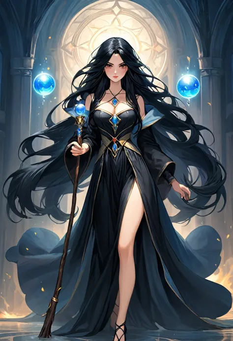 European medieval fantasy sorceress, Italian features, 22 years old, very long black hair, holds a long stick, with orbs