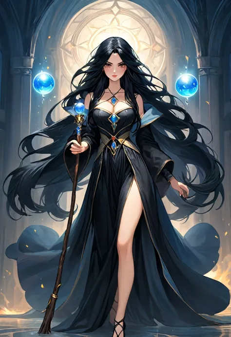 european medieval fantasy sorceress, italian features, 22 years old, very long black hair, holds a long stick, with orbs