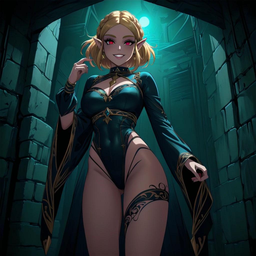 (zelda totk reimagined as a corrupted dark queen by ganon  )+++, sfw++,masterpiece, best quality, high quality, illustration, film grain,(perfect female )++, beautiful detailed eyes,  (symbol of evil:1.2),milf zelda, lascivious woman, (evil smile:1.1), (villain, dark heroine:1.2), (perfect female proportions:1.1), (seductive eyes:1.2), eyeliner, mascara, sexy makeup, (seductive smile:1.2), (mature woman:1.4),masterpiece, best quality, high quality, illustration, film grain, 1girl, (glowing evil red eyes), evil grin, crazy eyes, (high resolution, masterpiece, ultra best quality, insanely amazing hyper fine extremely detailed, official:1.4) dark heroine anime girl with short hair in a dark and evil place, extremely detailed artgerm, (official:1.4), dynamic composition, (solo girl:1.4), {sfw}, masterpiece, ultra-detailed, iconic attack, dominatrix, spiked collar, dark kingdom, bad end, 1girl, solo female, solo focus, mature female, standing, full body, looking at viewer, dark zelda totk, dark queen, evil, corruption, contrapposto, mind break, blond hair, (short hair:1,5), evil smile, lips, eyelashes, evil grin, dark aura, thigh_clothes, ,alternate costume, bdsm, (intricate details:1.12), (intricate details, hyperdetailed:1.15), hdr, dungeon, (at night:1.2), fireplace, warm light, dramatic light, cinematic,creepy dungeon, dark aesthetic, goth aesthetic, creepy, ominous background, dark atmosphere, death atmosphere, green and red atmosphere, evil dungeon background, gothique, faint darkness, ((red glow crotch tattoo)), 