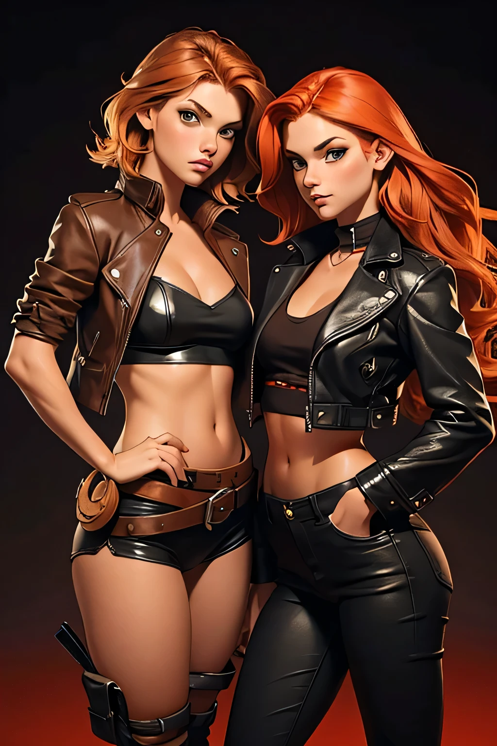 Two women in leather outfits posing for a picture - SeaArt AI