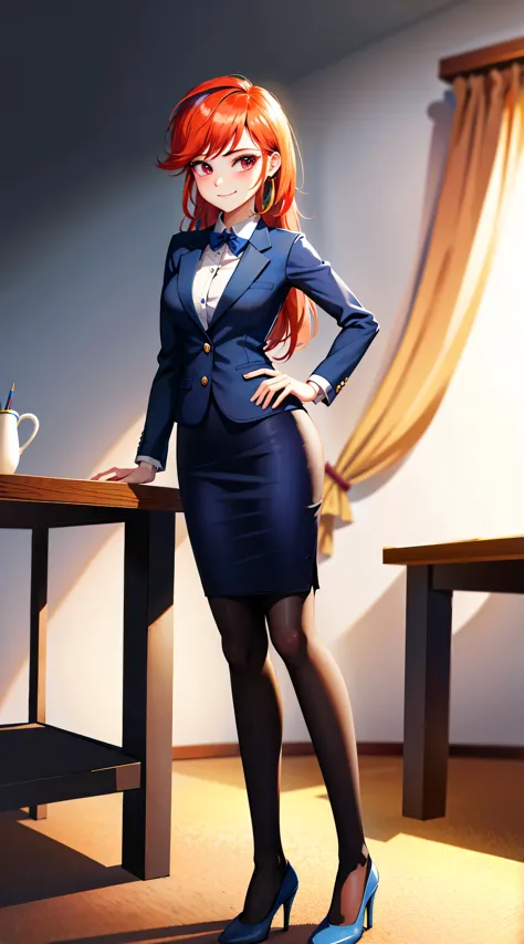 1girl, masterpiece, (detailed background), best quality, absurdres,
smirk, business suit, skirt suit, blazer, pencil skirt, bare...