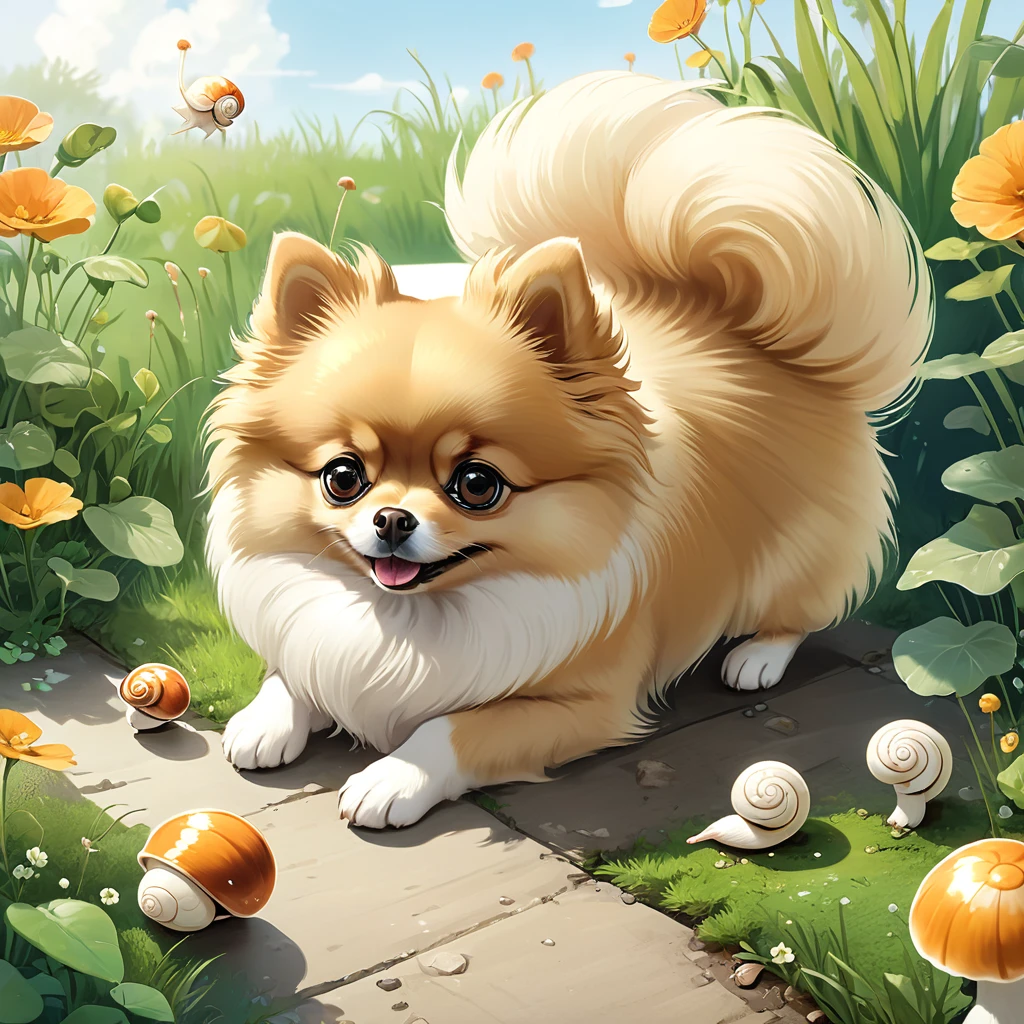 (best quality, highres:1.2), ultra-detailed, realistic:1.37, wide-angle shot, facing the camera, Beautiful Pomeranian resting on its front legs, sniffing a snail, anime:1.2, stunning high-resolution and sharp illustration