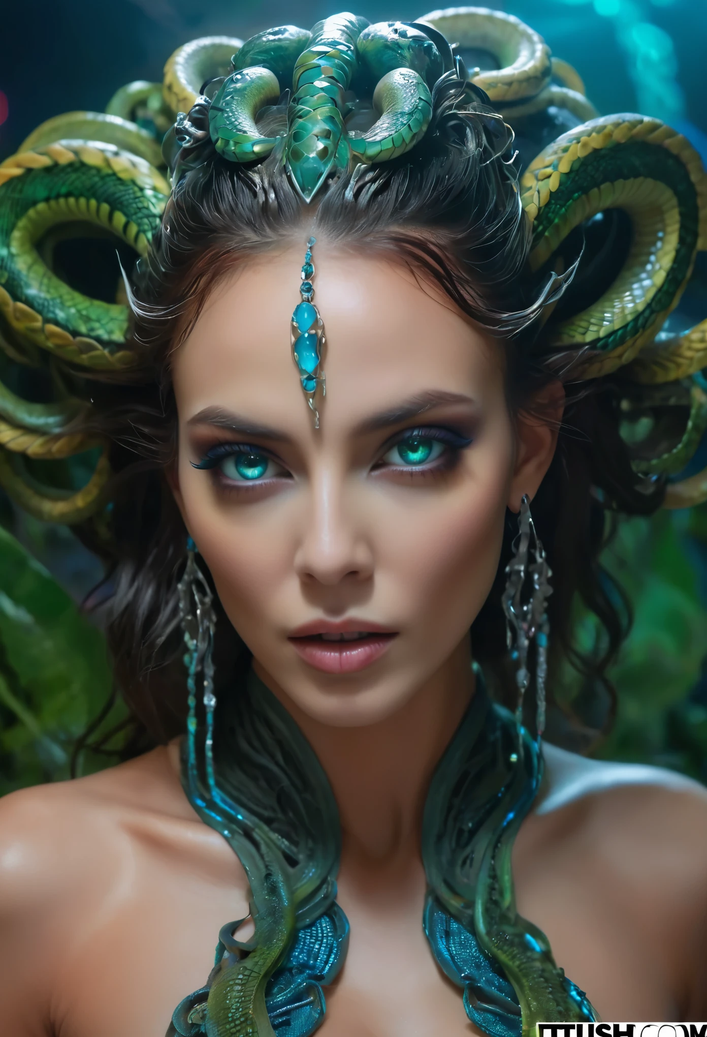 (alta resolución, Colores vibrantes, Fotorrealista), mesmerizing cyberpunk dark fantasy, Medusa en toda su siniestra belleza, con seis brazos de serpiente graciosamente entrelazados. Her radiant eyes, hipnótico y penetrante, capturar la esencia de una reina demoníaca. Los detalles de su rostro, meticulosamente elaborado, revela cada escala delicada y patrón único. La atmósfera que la rodea está llena de un aura de otro mundo., bañado en una mezcla de luces de neón y sombras. El telón de fondo se parece a una escena de película., con indicios de un inframundo siniestro. Este retrato presenta un primer plano., centrándose en el rostro cautivador de la diosa, retratándola como una presencia cautivadora y formidable en los reinos de la oscuridad..