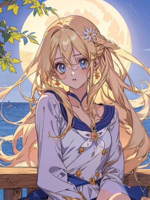 Anime girl with long blonde hair and blue eyes sitting under a tree., the Marinero de la luna. hermoso, Marinero de la luna!!!!!!!!, Marinero de la luna style, Marinero de la luna aesthetic, por marinero luna, inspired por marinero luna, princesa anime, diosa del anime, hermoso anime, anime wallaper, estilo anime 4k, fondo de pantalla animado, inspirado en Naoko Takeuchi, linda chica anime