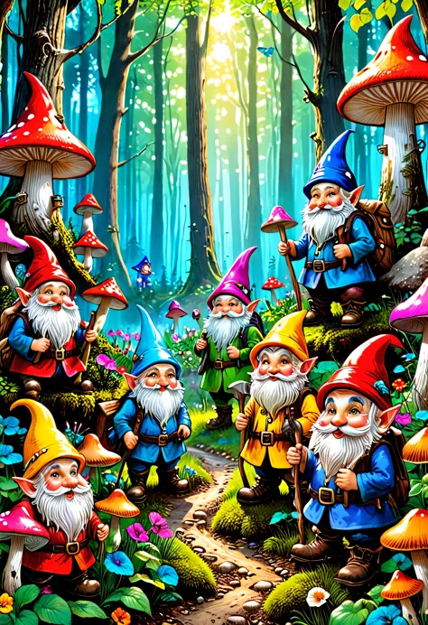 A group of gnomes, all dressed in colorful gnome outfits, are gathered together in a lush forest. The gnomes are wearing pointy hats, adorable boots, and are carrying various gnome accessories such as lanterns, shovels, and gardening tools. They are surrou...